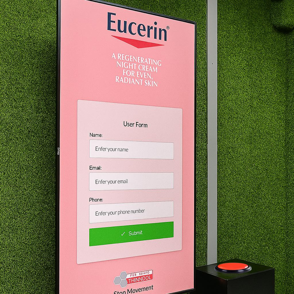 Guests playing Freeze the Frame interactive game at a corporate event in Dubai, focusing on screen visuals and pressing the button to stop the image at the perfect moment.